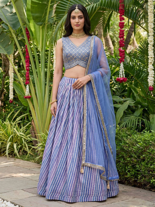 Tulsi Art Classic Lavender Leheriya Printed Organza Wedding Wear Lehenga Choli