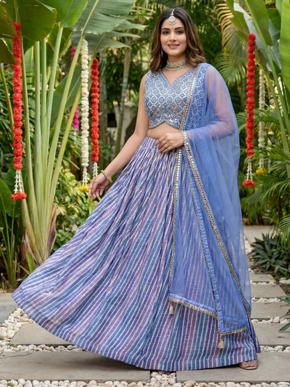 Tulsi Art Classic Lavender Leheriya Printed Organza Wedding Wear Lehenga Choli