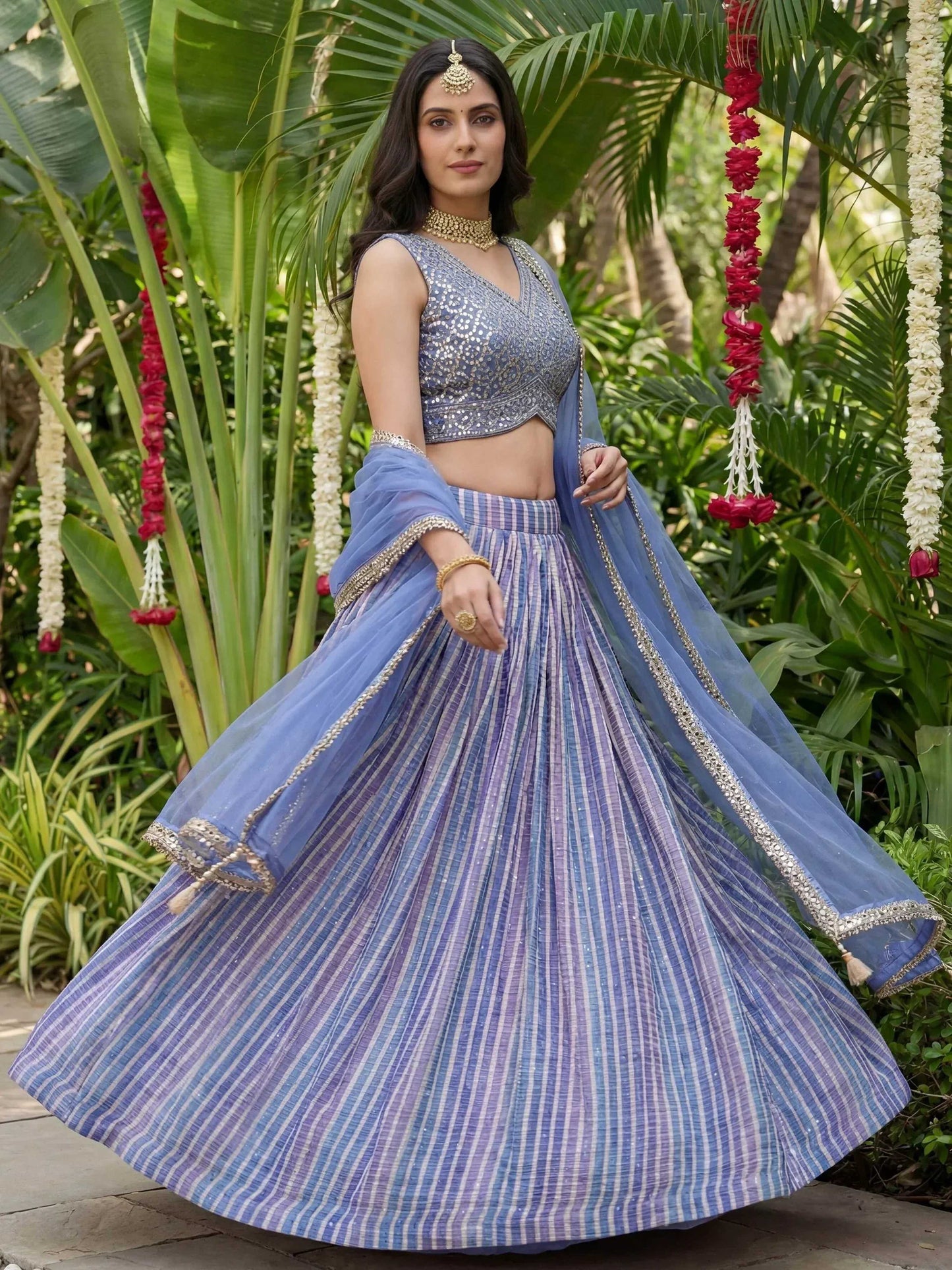 Tulsi Art Classic Lavender Leheriya Printed Organza Wedding Wear Lehenga Choli