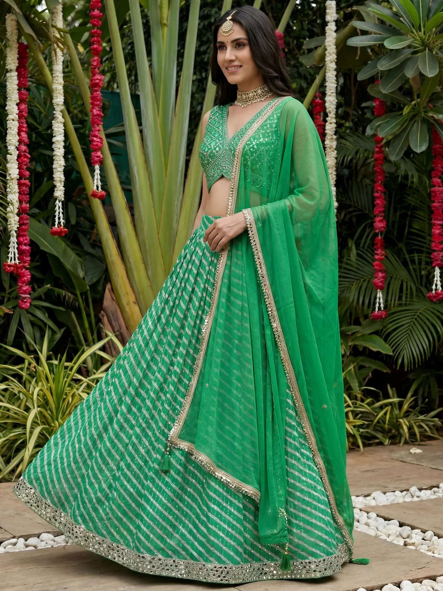 Tulsi Art Enchanting Green Digital Printed Organza Festive Wear Lehenga Choli