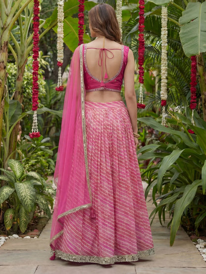 Tulsi Art Alluring Pink Leheriya Printed Organza Festive Wear Lehenga Choli