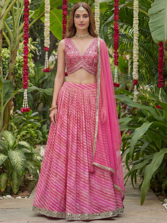 Tulsi Art Alluring Pink Leheriya Printed Organza Festive Wear Lehenga Choli