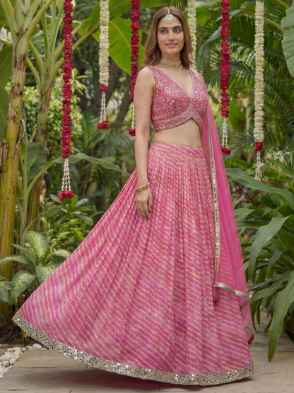 Tulsi Art Alluring Pink Leheriya Printed Organza Festive Wear Lehenga Choli