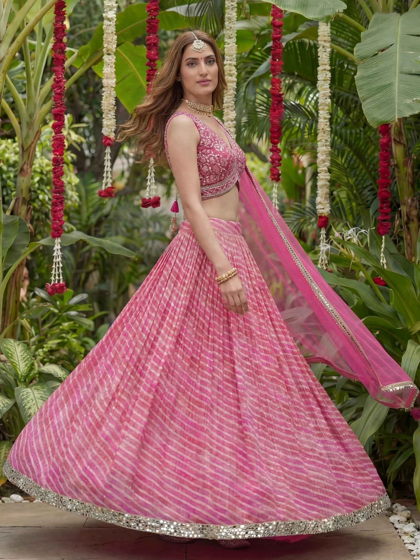 Tulsi Art Alluring Pink Leheriya Printed Organza Festive Wear Lehenga Choli