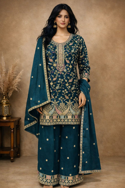 Anaita Teal Chinon Stitched Plazzo Suit With Embroidery Work