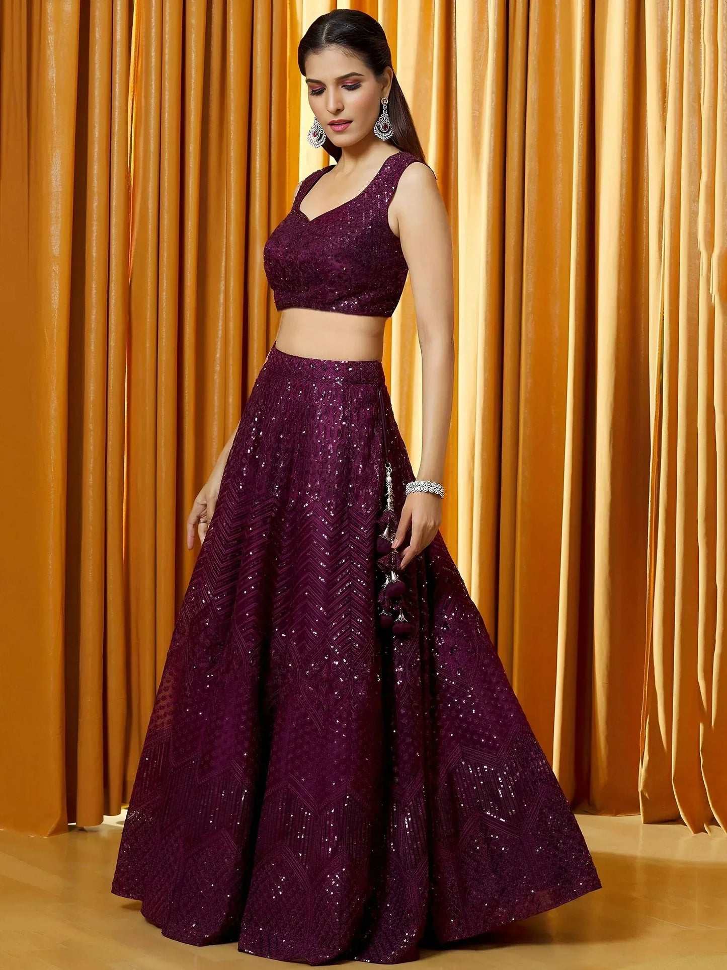 Tulsi Art Marvelousâ Wine Thread Embroidered Net Reception Wear Lehenga Choli
