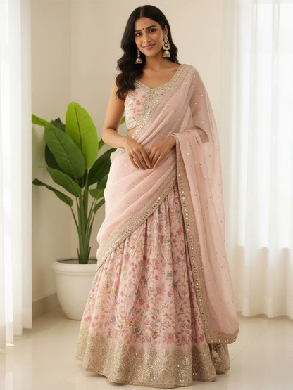 Tulsi Art Stunning Peach Digital Printed Organza Festival Wear Lehenga Choli With Dupatta