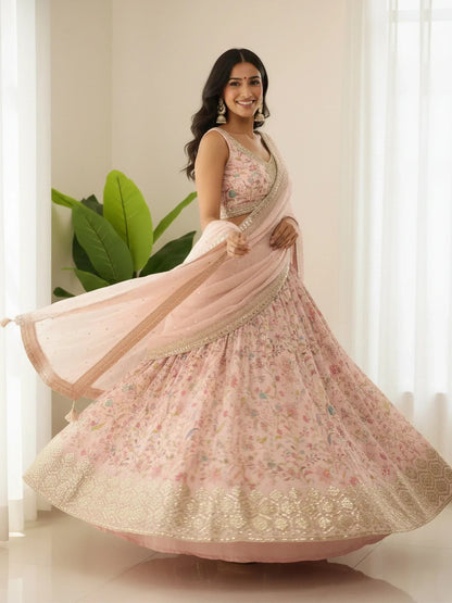 Tulsi Art Stunning Peach Digital Printed Organza Festival Wear Lehenga Choli With Dupatta