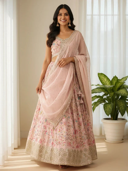 Tulsi Art Stunning Peach Digital Printed Organza Festival Wear Lehenga Choli With Dupatta