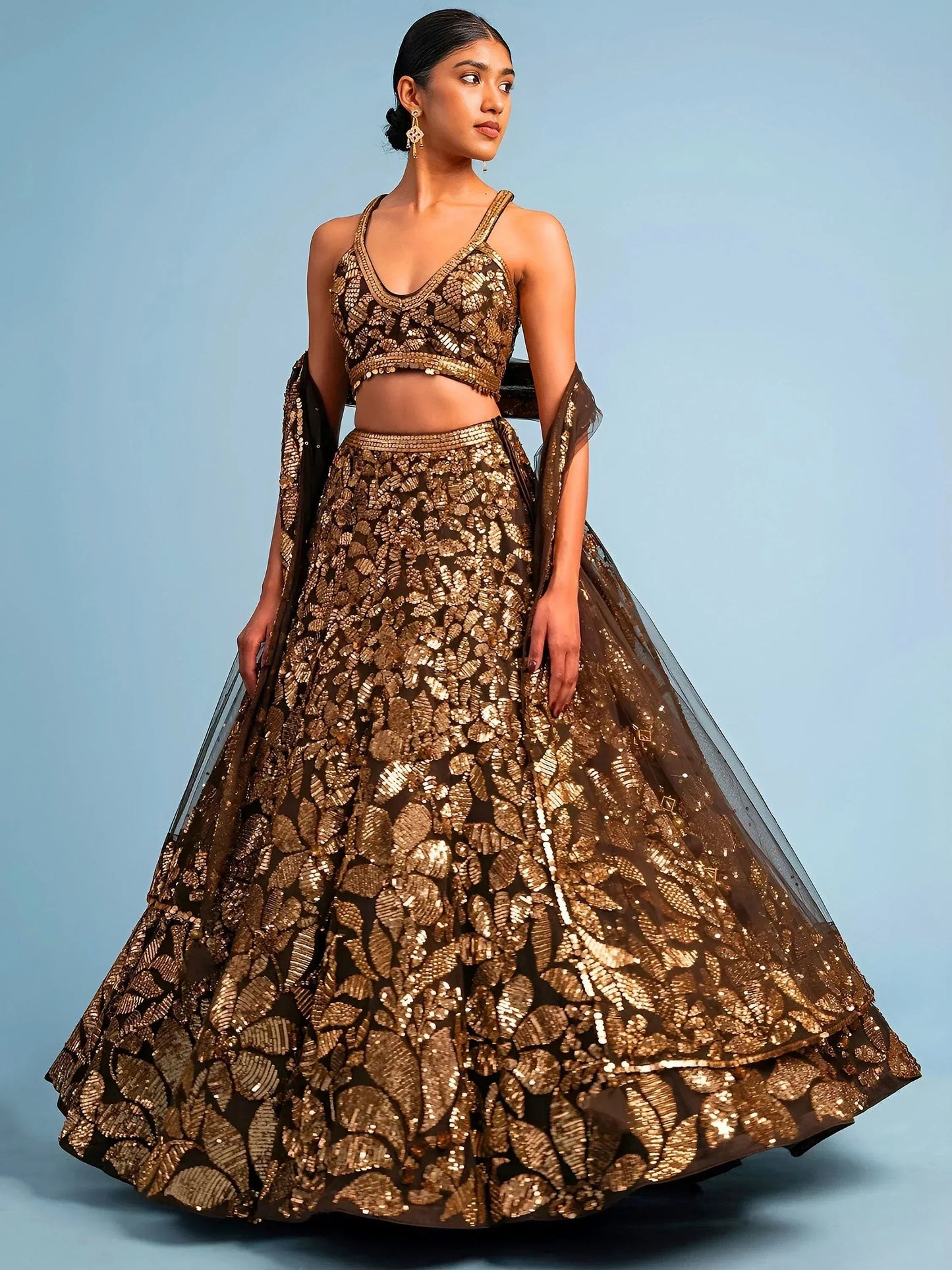 Tulsi Art Super Brown Sequins Net Reception Wear Lehenga Choli With Dupatta