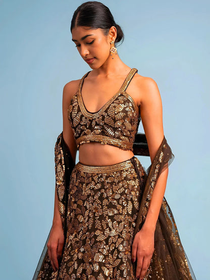 Tulsi Art Super Brown Sequins Net Reception Wear Lehenga Choli With Dupatta