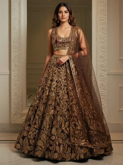 Tulsi Art Elegant Brown Fully Sequins Net Reception Wear Lehenga Choli