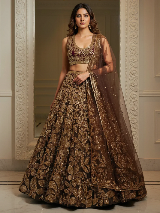 Tulsi Art Elegant Brown Fully Sequins Net Reception Wear Lehenga Choli