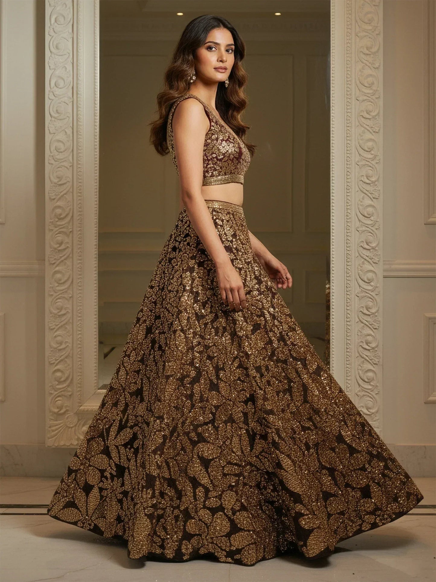 Tulsi Art Elegant Brown Fully Sequins Net Reception Wear Lehenga Choli