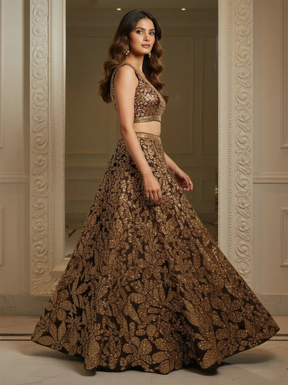 Tulsi Art Elegant Brown Fully Sequins Net Reception Wear Lehenga Choli