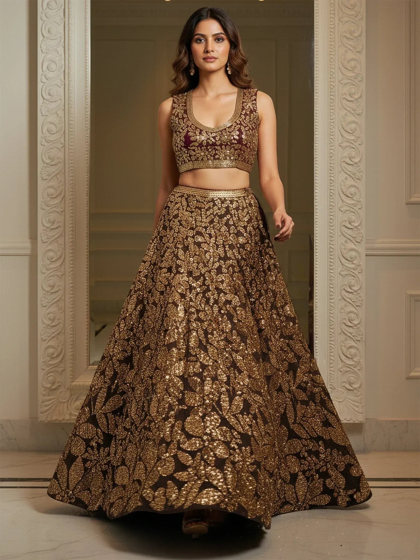 Tulsi Art Elegant Brown Fully Sequins Net Reception Wear Lehenga Choli