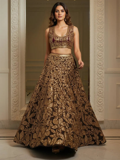 Tulsi Art Elegant Brown Fully Sequins Net Reception Wear Lehenga Choli