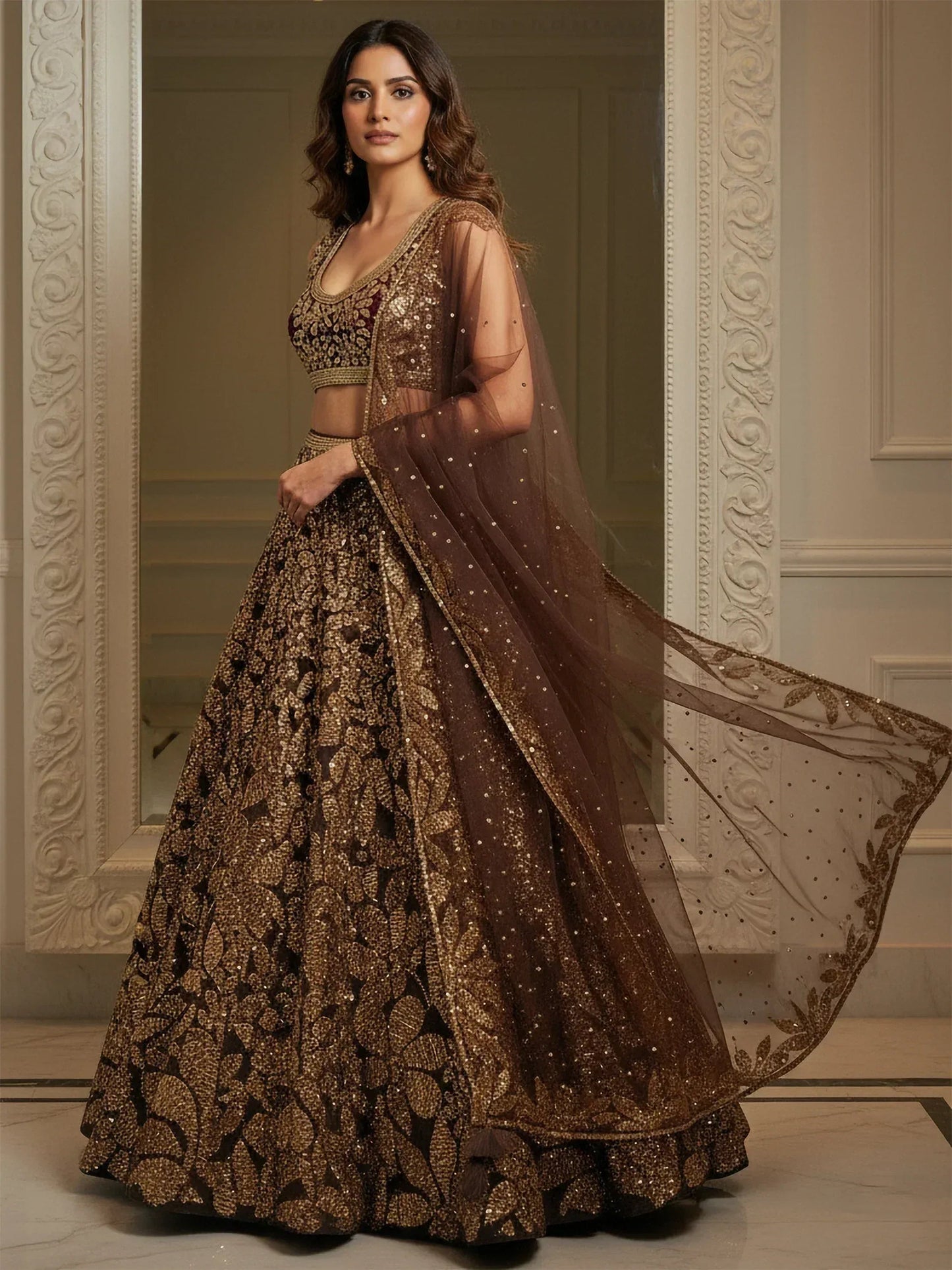 Tulsi Art Elegant Brown Fully Sequins Net Reception Wear Lehenga Choli