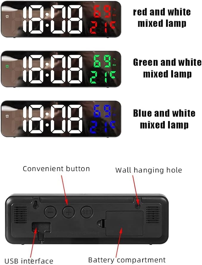 Digital Wall Clock with LED Display, 9.06 Inch, Two-Color Design, Temperature & Date, Plug-in & Battery Powered