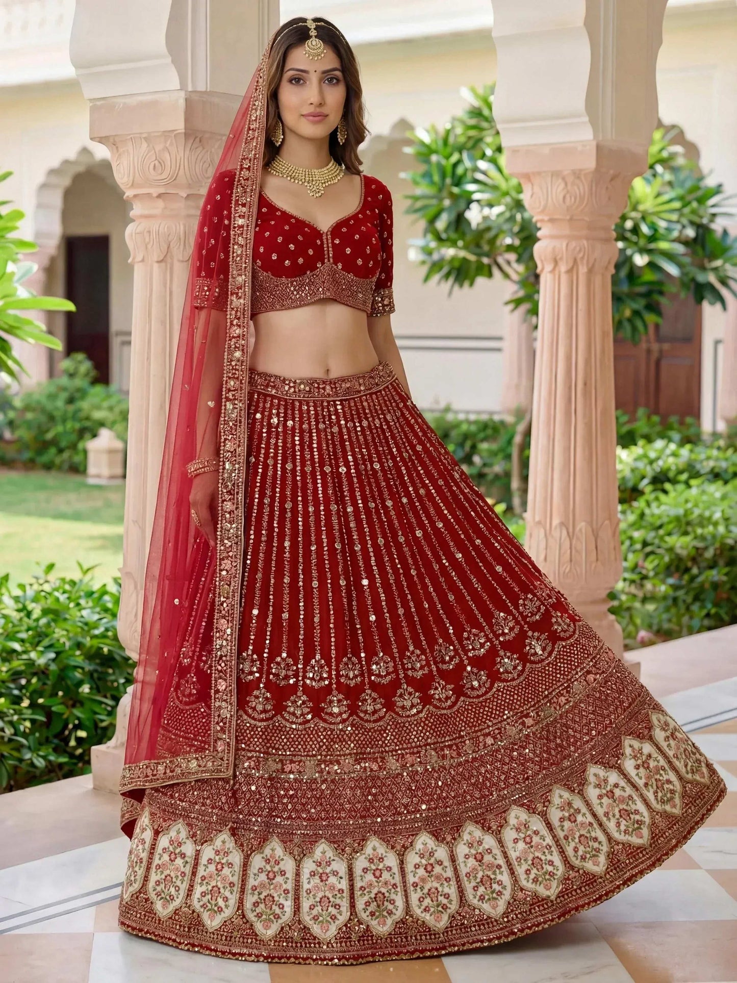 Tulsi Art Incredible Maroon Embroidered Organza Bridal Lehenga Choli