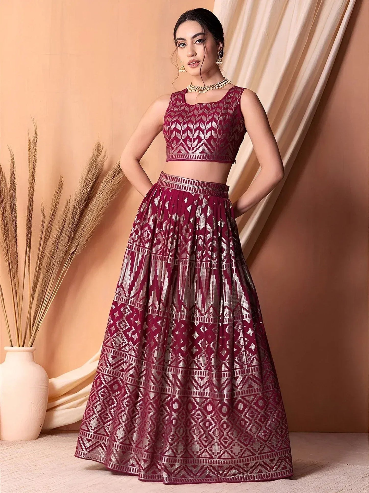 Tulsi Art Stunning Dark Pink Sequins Georgette Lehenga Choli With Dupatta
