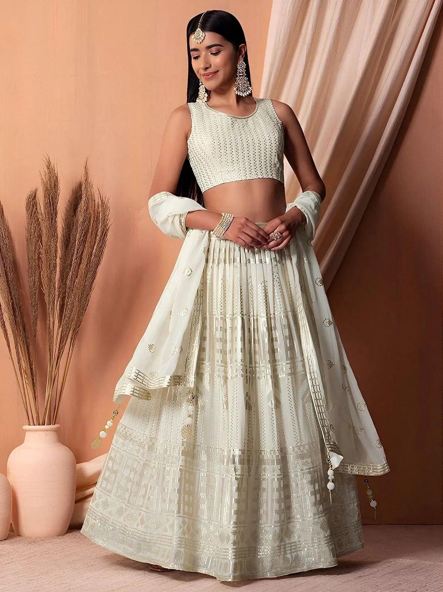 Tulsi Art Awesome White Sequins Georgette Festival Wear Lehenga Choli With Dupatta