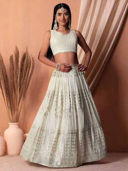Tulsi Art Awesome White Sequins Georgette Festival Wear Lehenga Choli With Dupatta