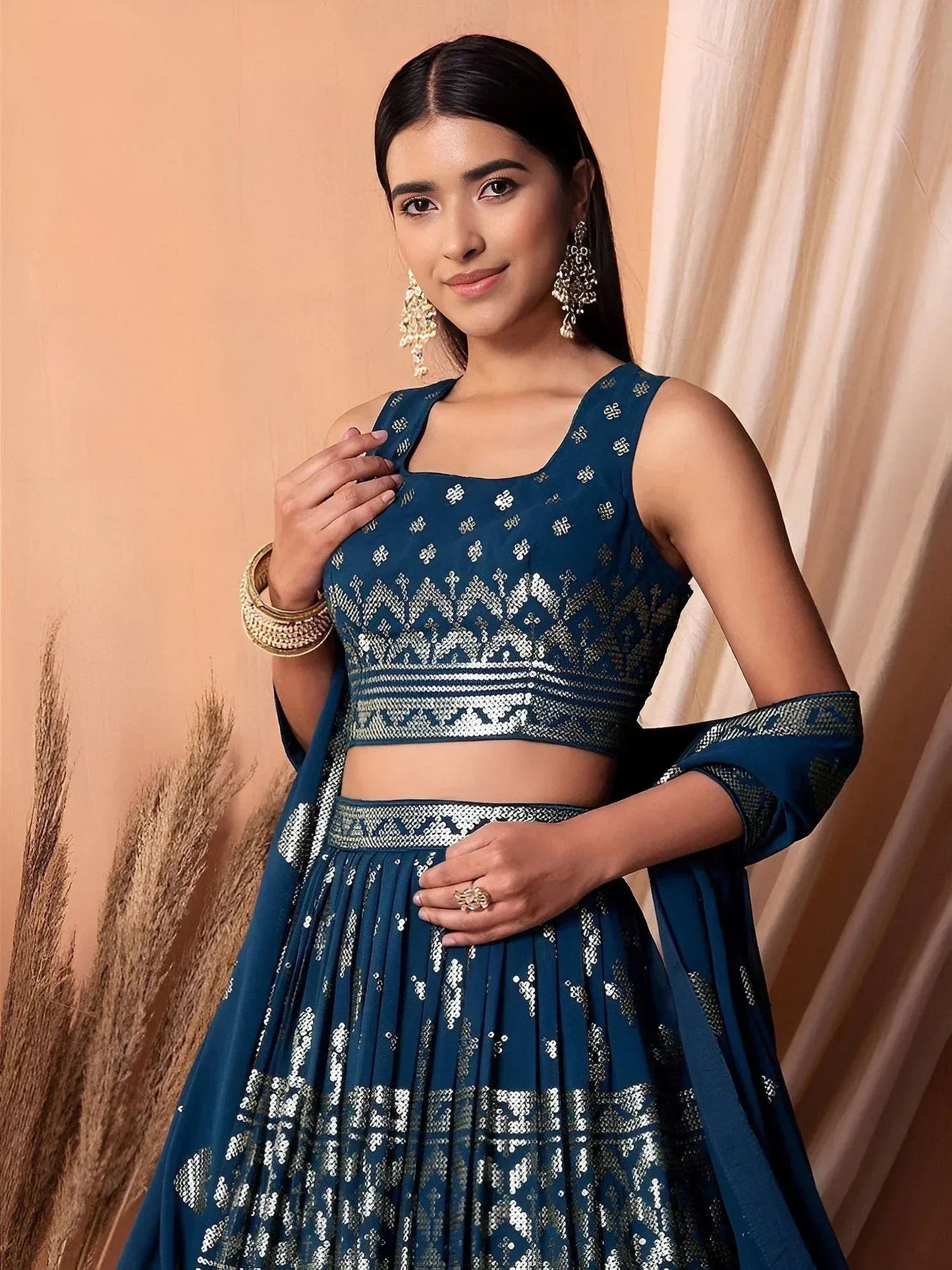 Tulsi Art Dazzling Teal Blue Sequins Georgette Festival Wear Lehenga Choli
