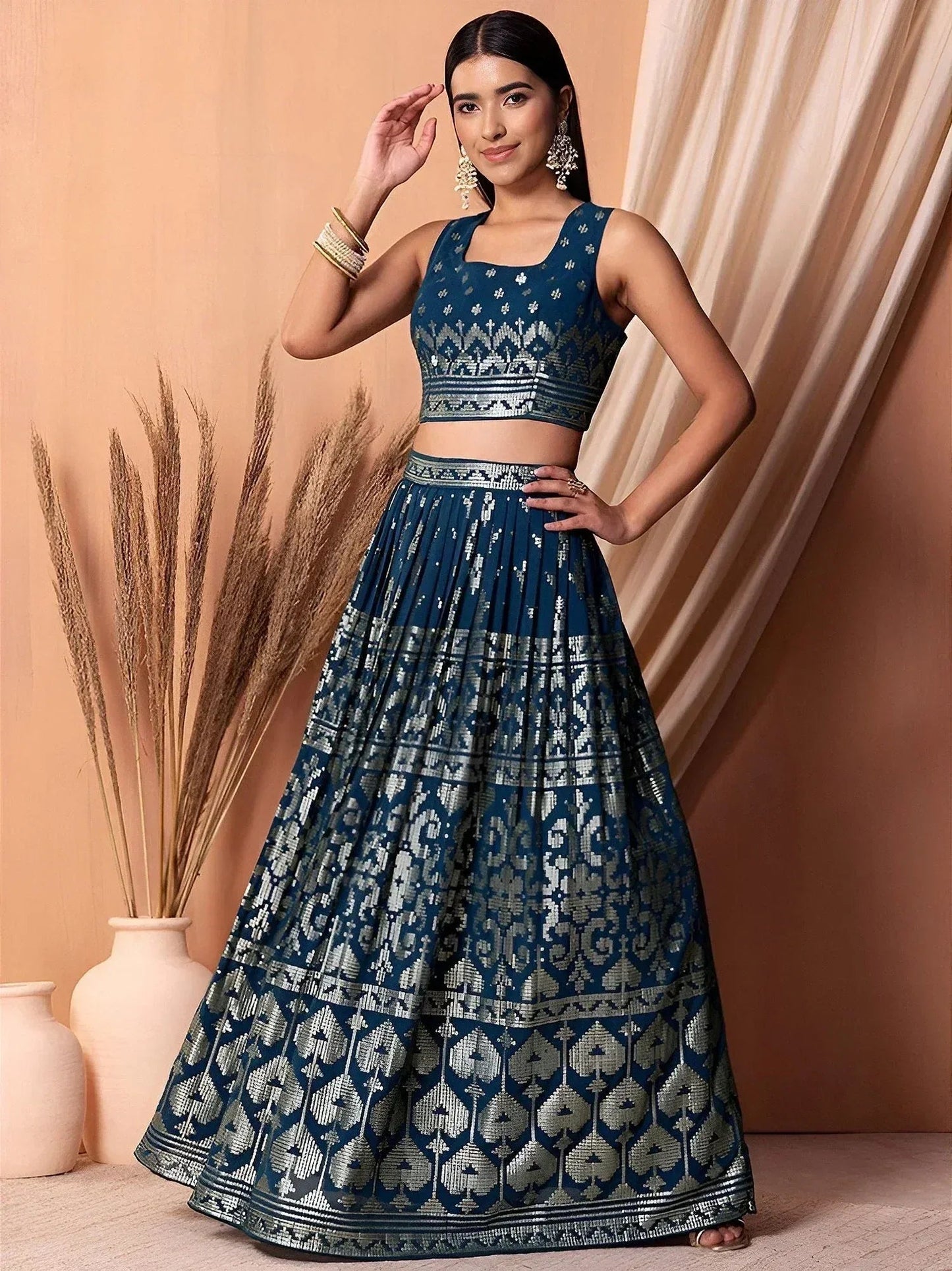 Tulsi Art Dazzling Teal Blue Sequins Georgette Festival Wear Lehenga Choli