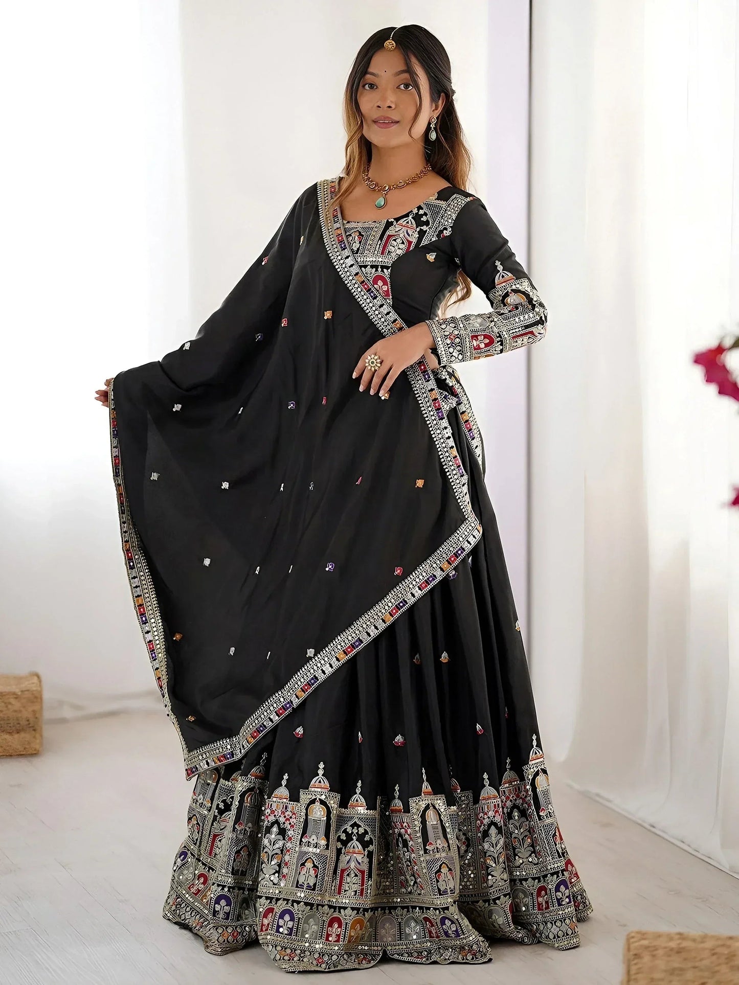 Tulsi Art Amazing Black Thread Work Crepe Traditional Lehenga Choli With Dupatta