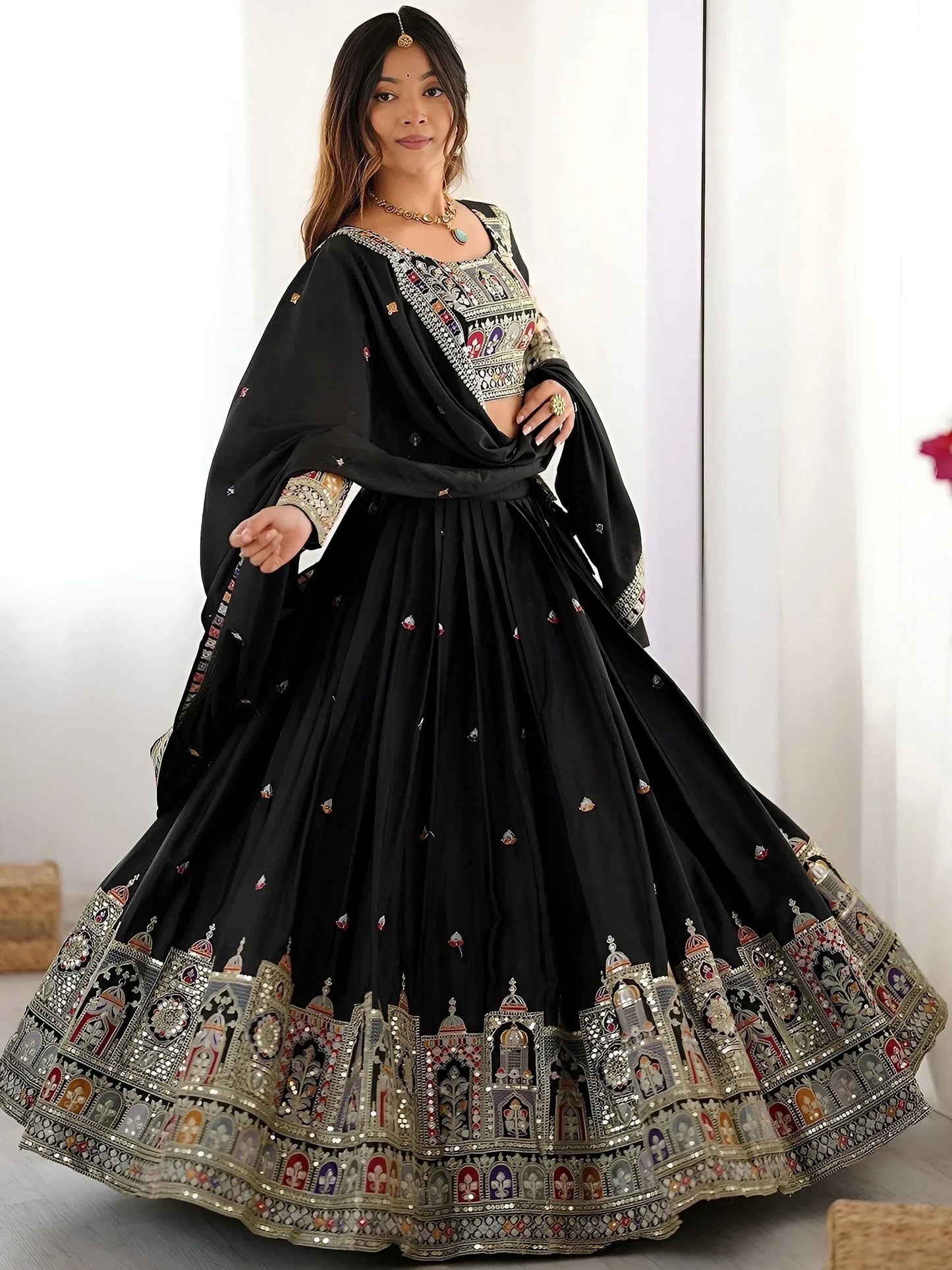 Tulsi Art Amazing Black Thread Work Crepe Traditional Lehenga Choli With Dupatta