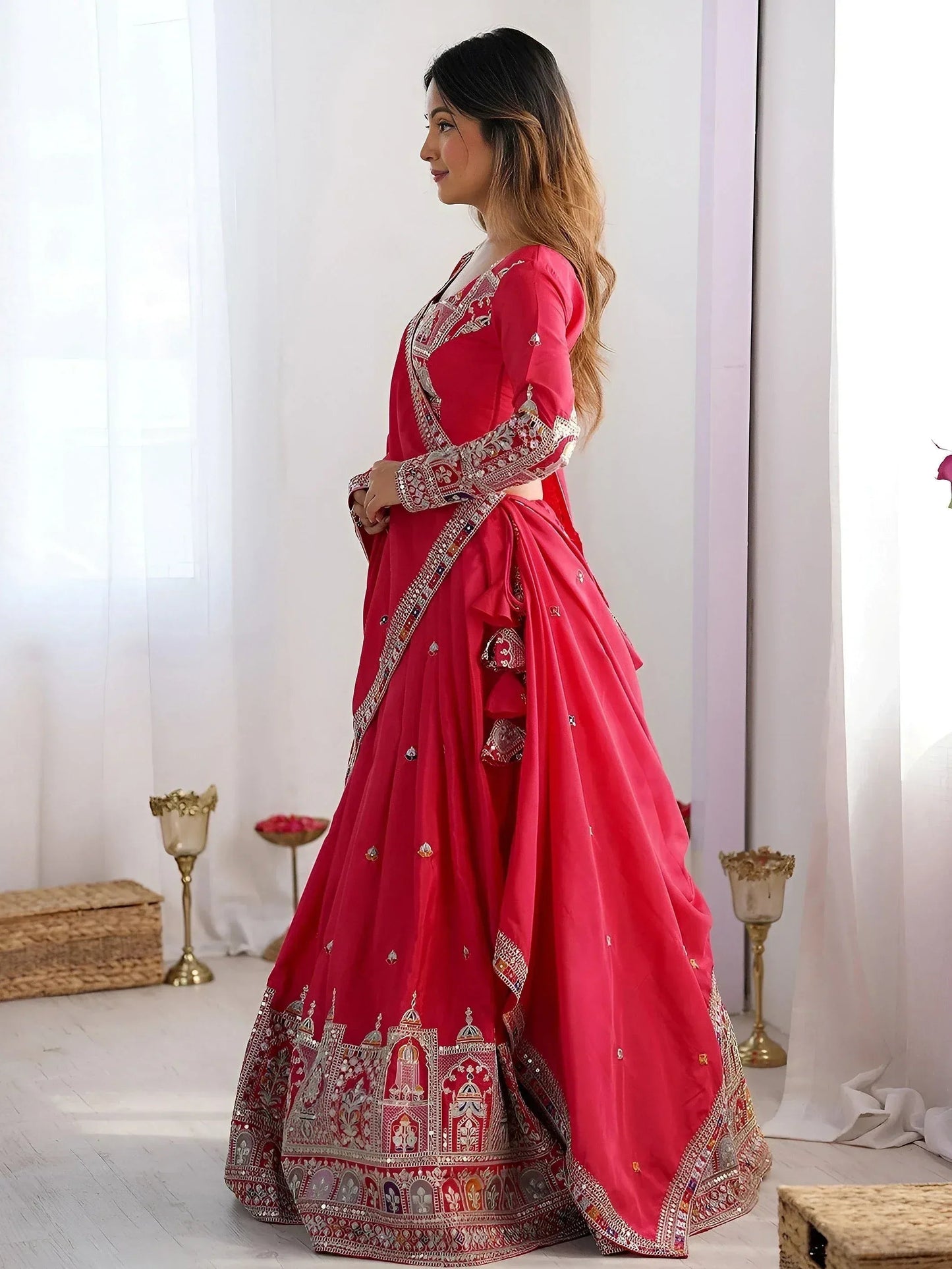 Tulsi Art Magnetic Pink Coding Work Crepe Silk Designer Lehenga Choli