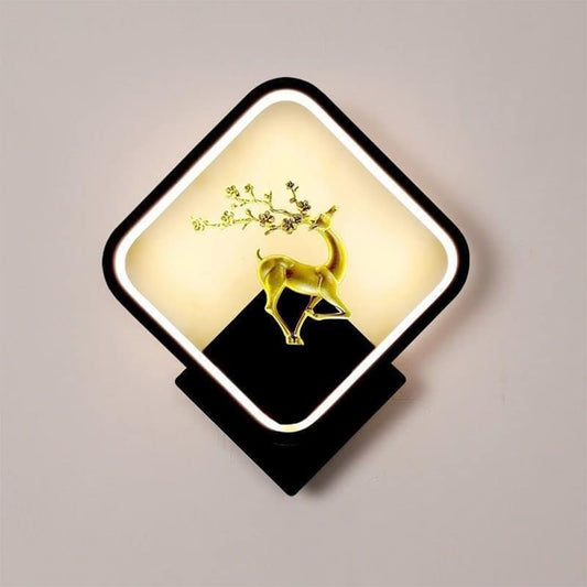 Square LED Wall Light with Golden Deer Design - Modern Metal Fixture for Living Room, Bedroom - Soft Warm Glow