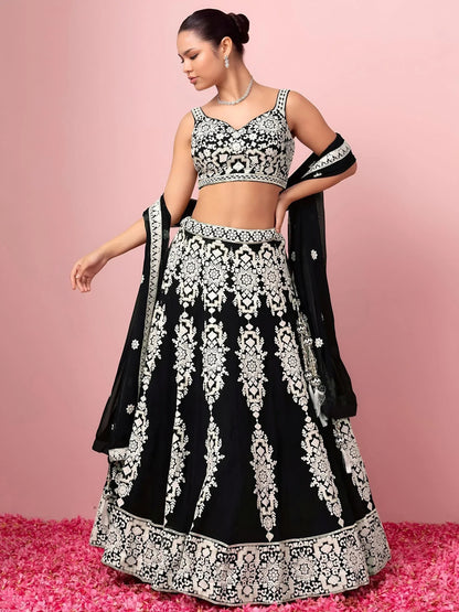 Tulsi Art Captivating Black Thread Work Georgette Reception Wear Lehenga Choli