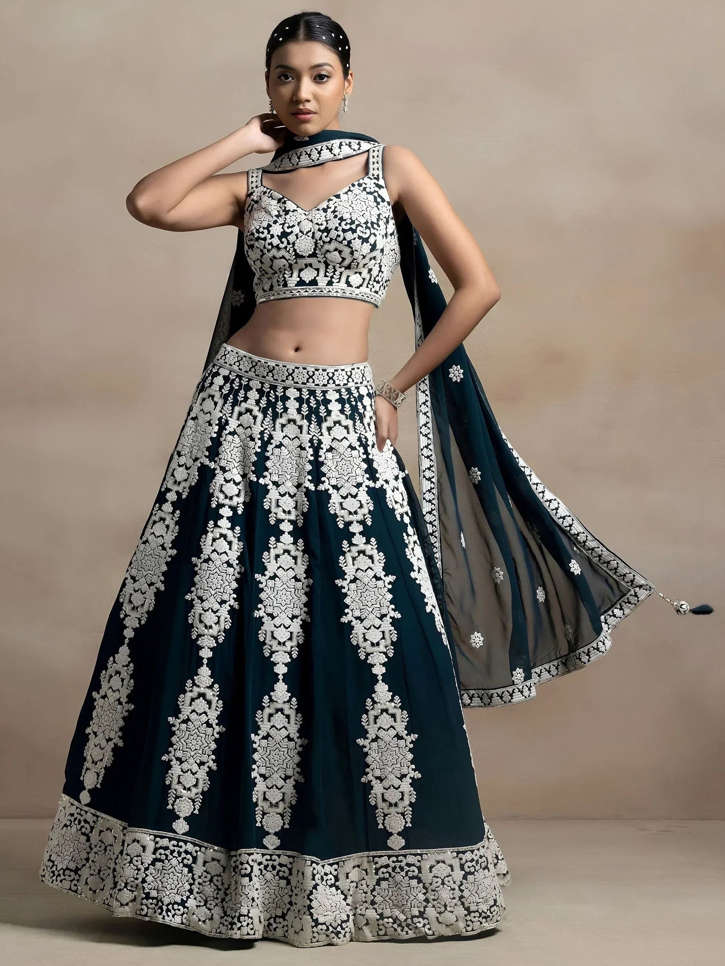 Tulsi Art Glamorous Dark Green Thread Embroidered Georgette Lehenga Choli