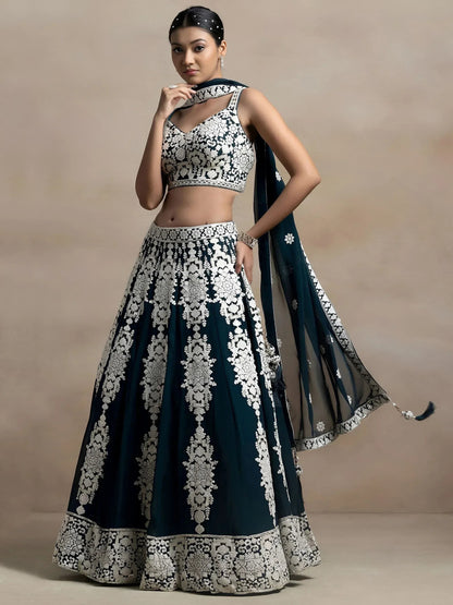 Tulsi Art Glamorous Dark Green Thread Embroidered Georgette Lehenga Choli
