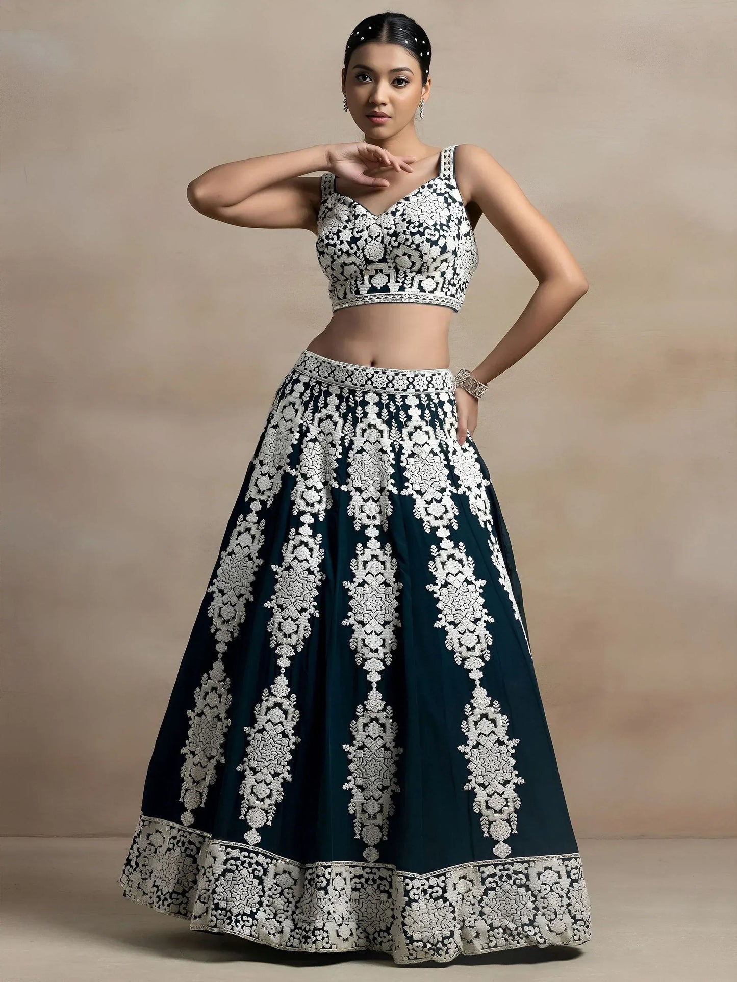 Tulsi Art Glamorous Dark Green Thread Embroidered Georgette Lehenga Choli