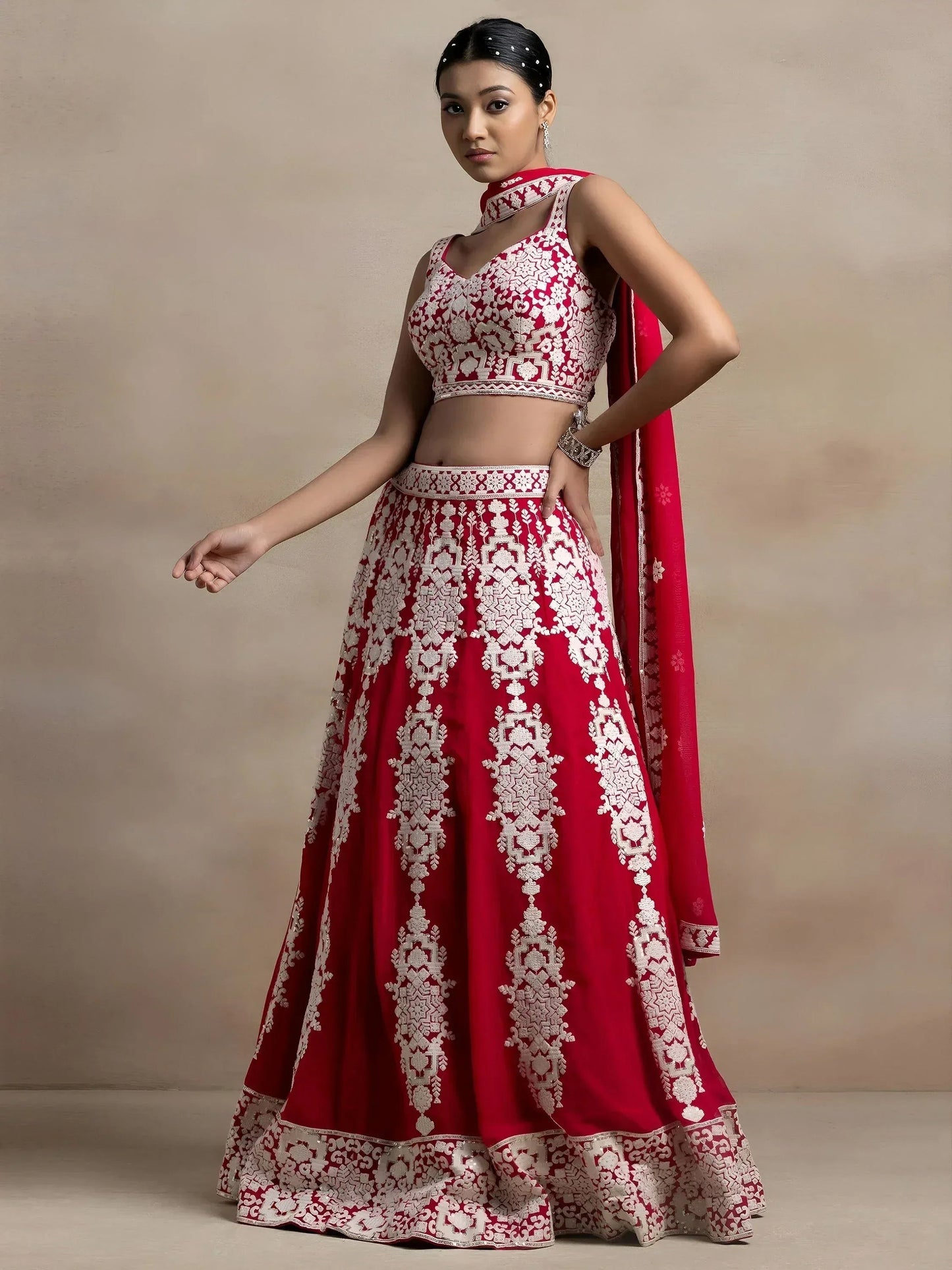 Tulsi Art Attractive Red Thread Work Georgette Sangeet Wear Lehenga Choli