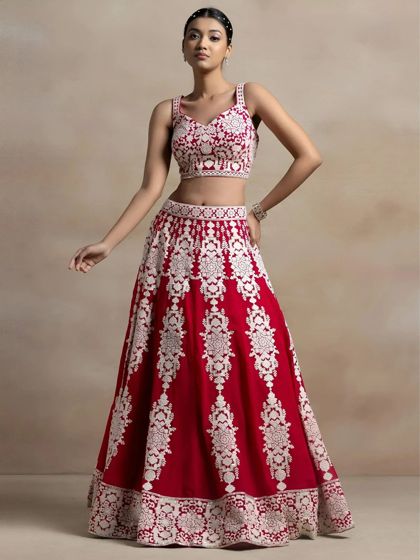 Tulsi Art Attractive Red Thread Work Georgette Sangeet Wear Lehenga Choli