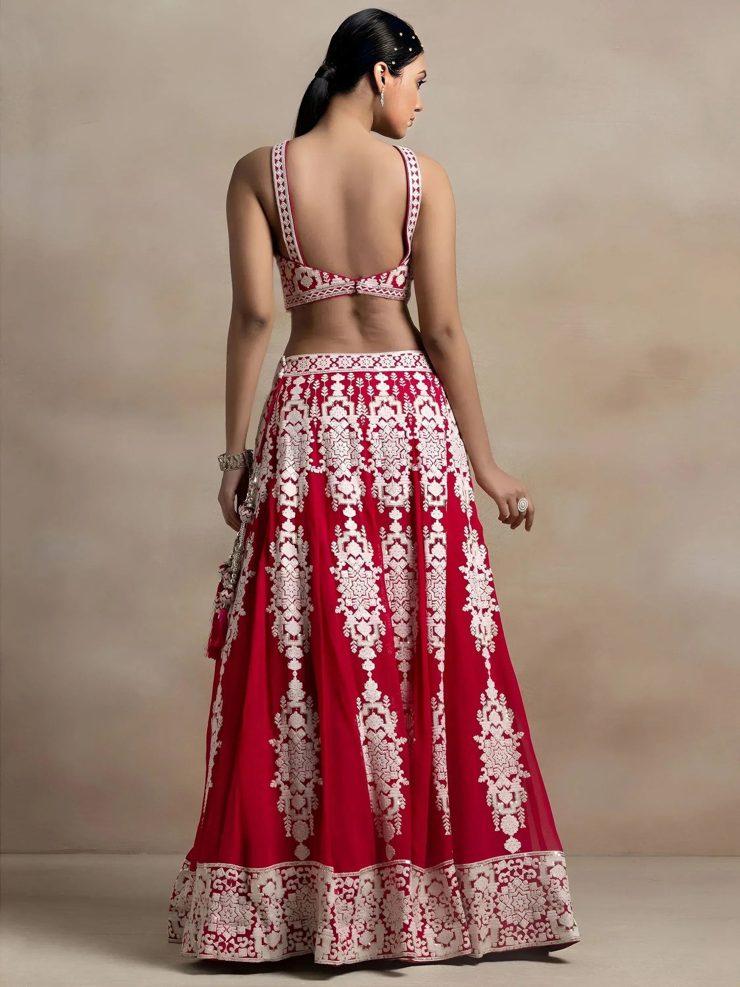 Tulsi Art Attractive Red Thread Work Georgette Sangeet Wear Lehenga Choli