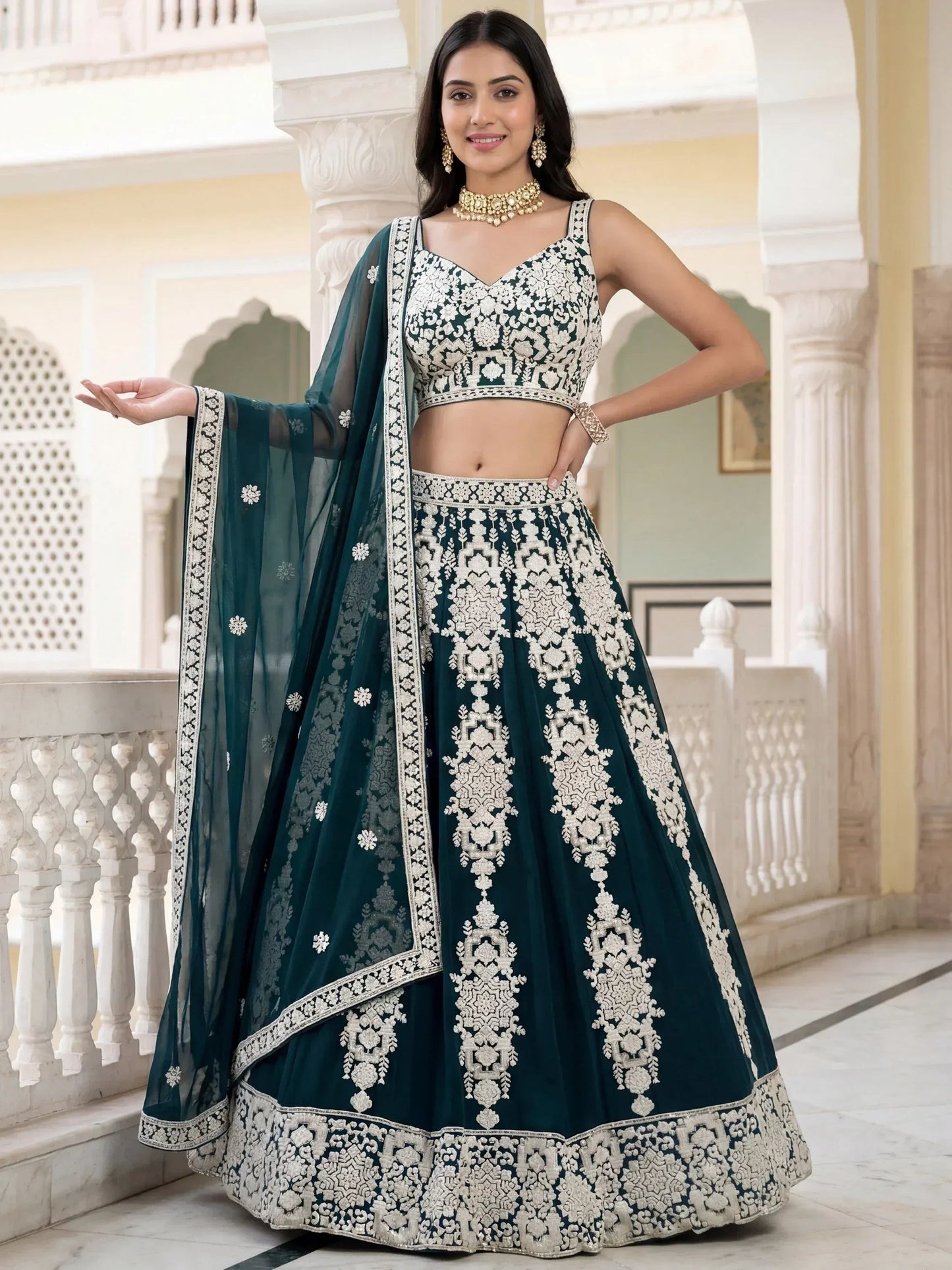 Tulsi Art Great Green Thread Embroidered Georgette Wedding Wear Lehenga Choli