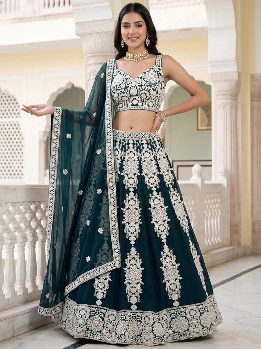 Tulsi Art Great Green Thread Embroidered Georgette Wedding Wear Lehenga Choli