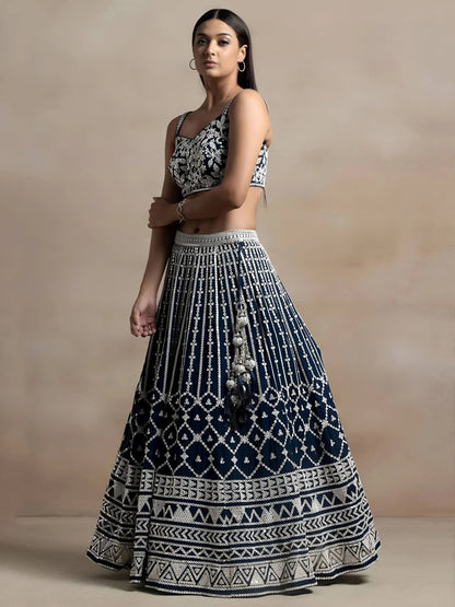 Tulsi Art Great Navy Blue Thread Embroidered Georgette Wedding Lehenga Choli