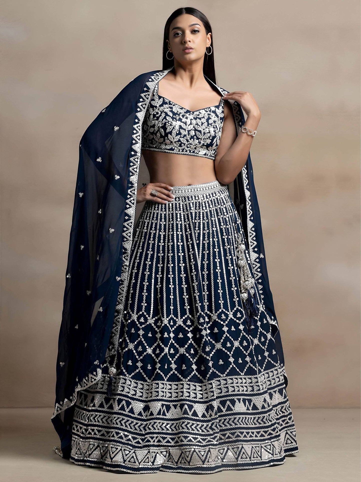 Tulsi Art Great Navy Blue Thread Embroidered Georgette Wedding Lehenga Choli