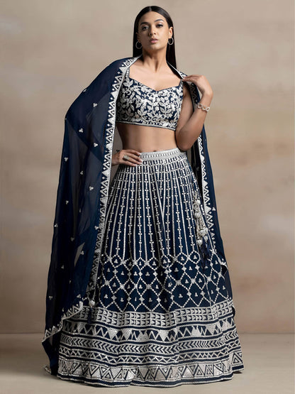 Tulsi Art Great Navy Blue Thread Embroidered Georgette Wedding Lehenga Choli