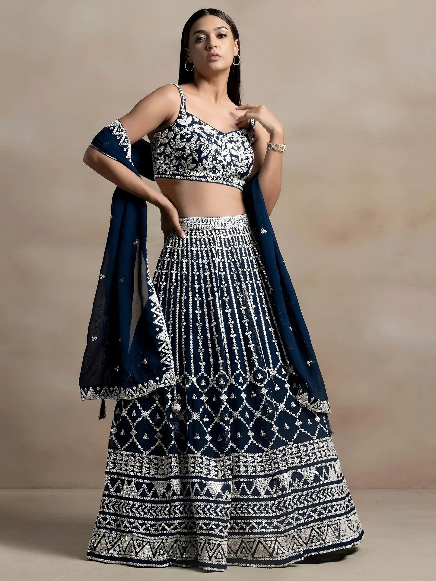 Tulsi Art Great Navy Blue Thread Embroidered Georgette Wedding Lehenga Choli