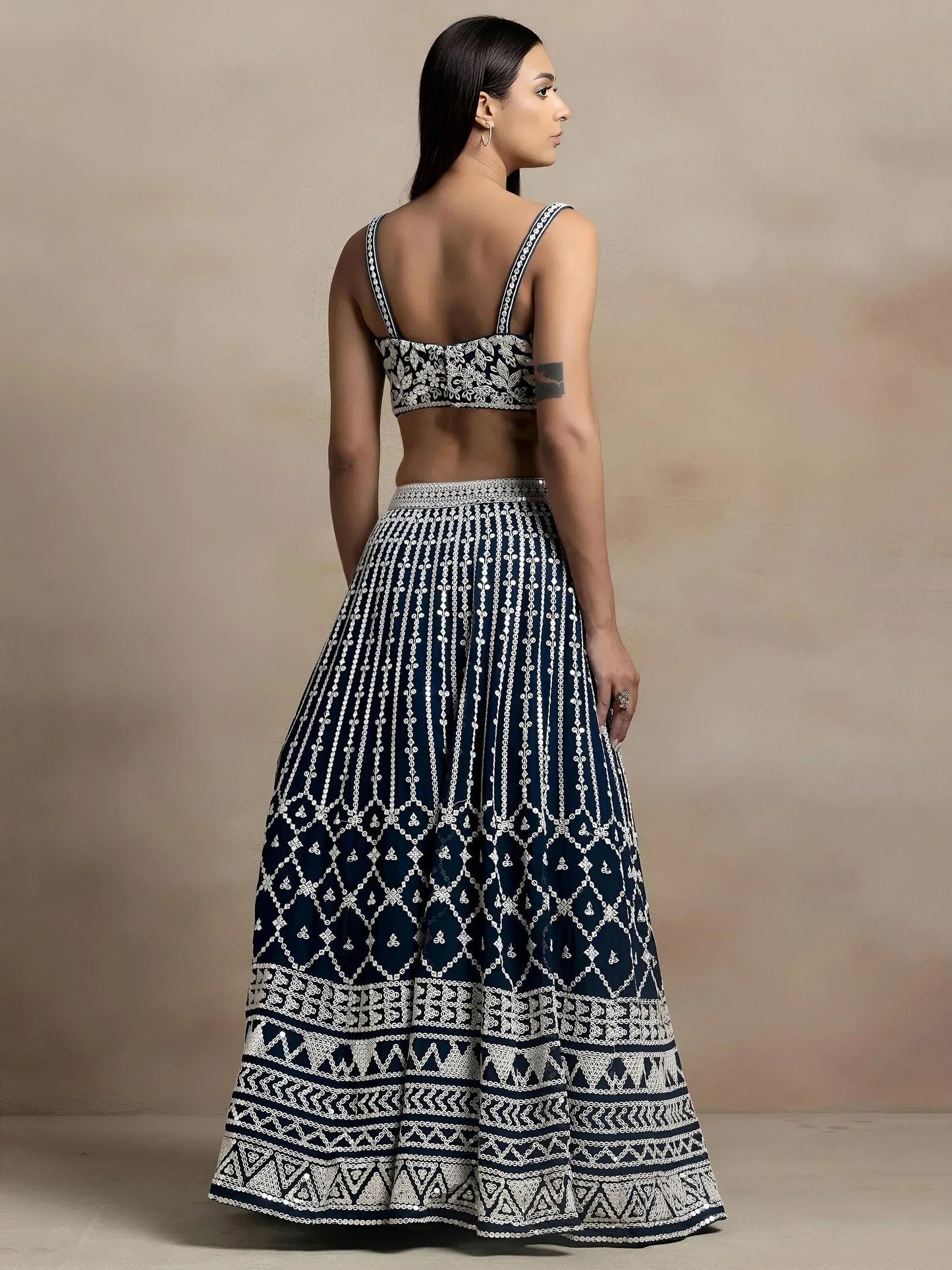 Tulsi Art Great Navy Blue Thread Embroidered Georgette Wedding Lehenga Choli