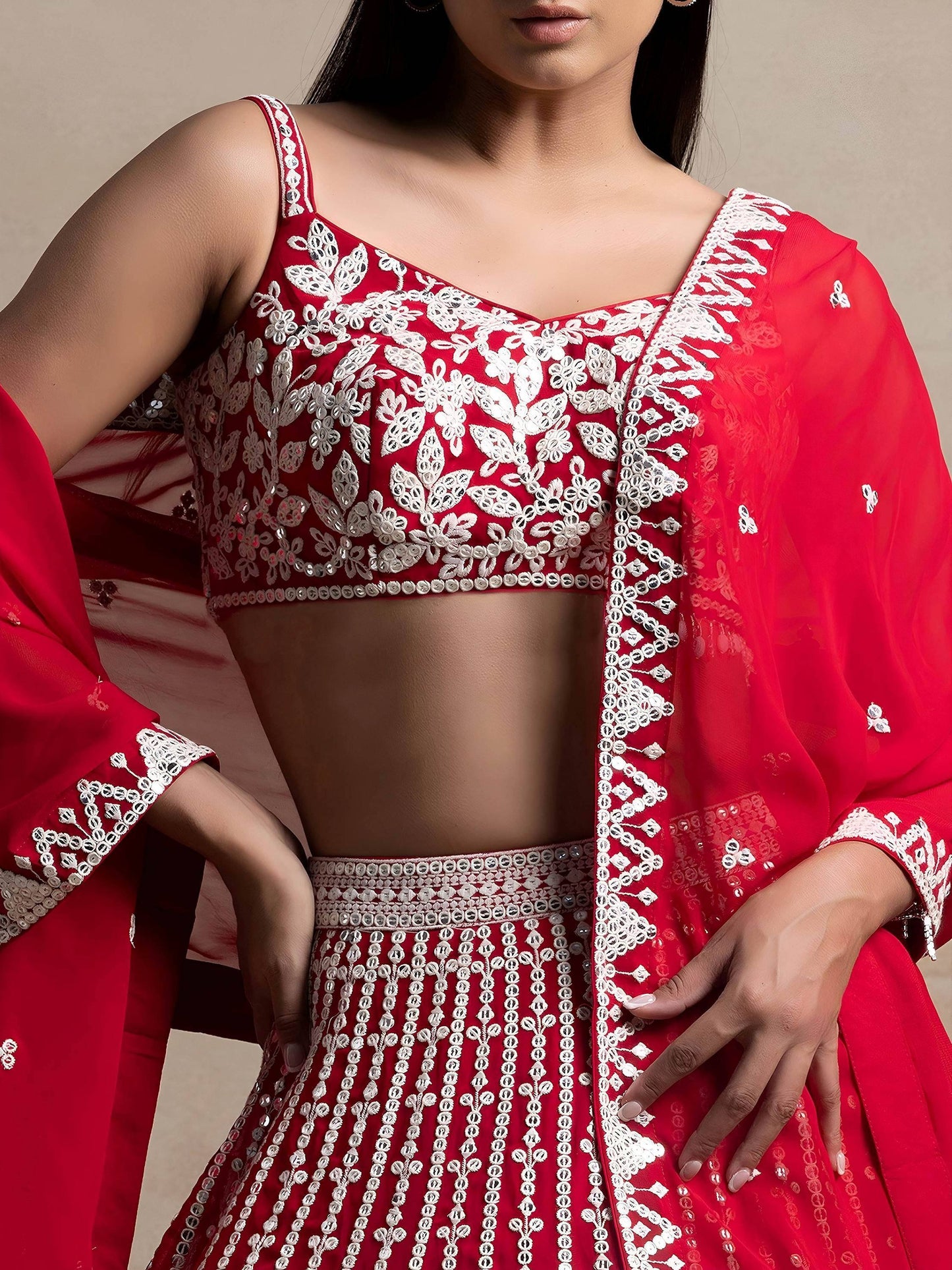Tulsi Art Marvelous Red Thread Work Georgette Sangeet Wear Lehenga Choli