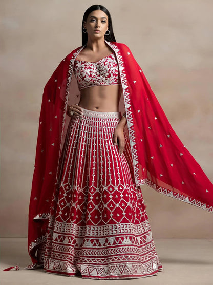 Tulsi Art Marvelous Red Thread Work Georgette Sangeet Wear Lehenga Choli