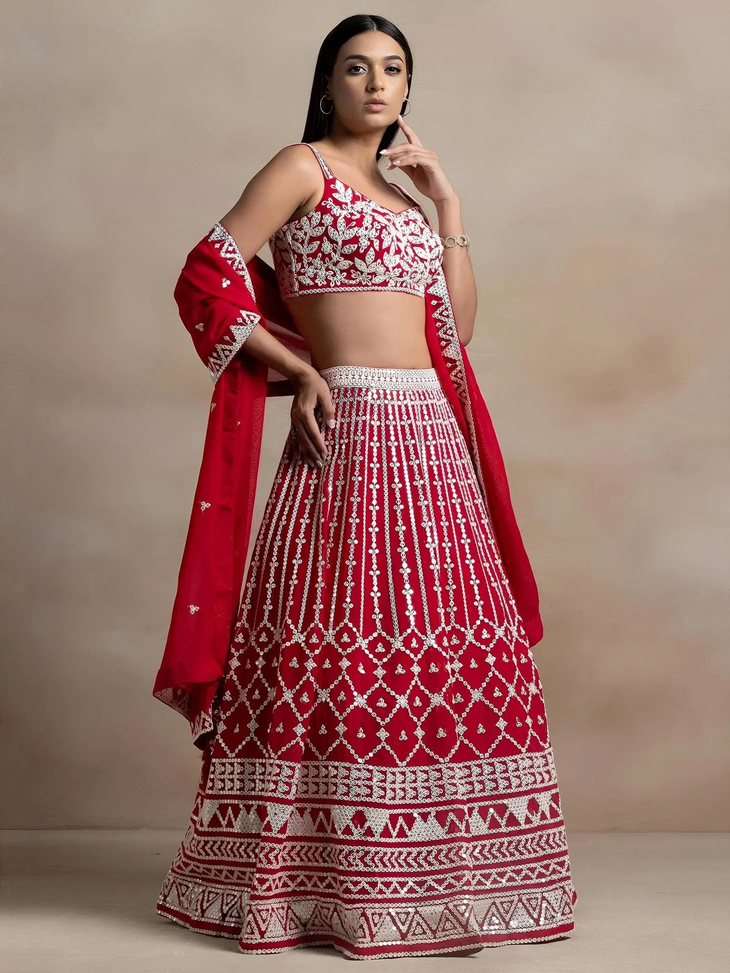 Tulsi Art Marvelous Red Thread Work Georgette Sangeet Wear Lehenga Choli